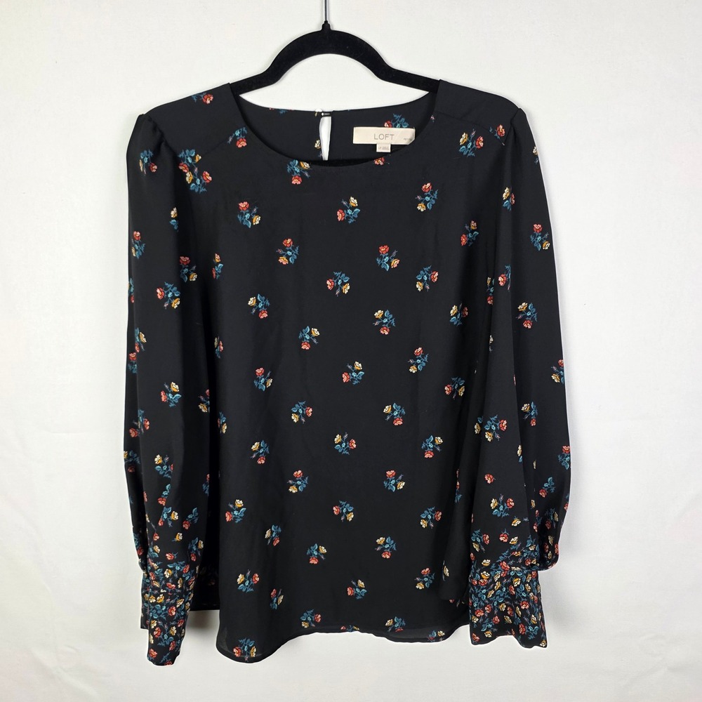 LOFT Petites Black Floral Long Sleeve Blouse Cuffs LP 515734